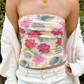 BXOXO Holiday Floral Print Tube Top Cute Coquette Skinny Strapless Cropped Tops Women Summer Casual Vintage Tee y2k Fairycore
